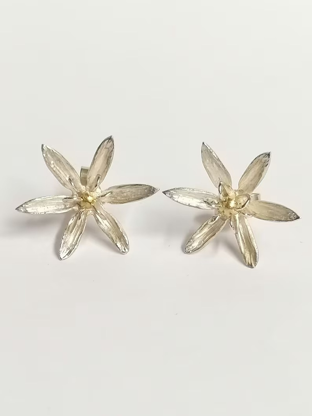 Sterling Silver Floral Stud Earrings - Silver and Gold Two-Tone - Picture 3 of 5